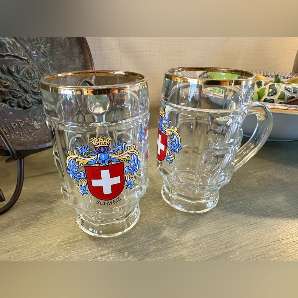 Pair of Gold-Rimmed Heavy Glass Beer Mugs with Swiss Emblem Made in France